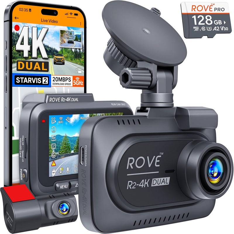 ROVE R2-4K DUAL Dash Cam Front and Rear, STARVIS 2 Sensor, FREE 128GB Card Included, 5G WiFi - up to 20MB/s Fastest Download Speed with App, 4K 2160P/FHD Dash Camera for Cars, 3" IPS, 24H Parking Mode - Image 1